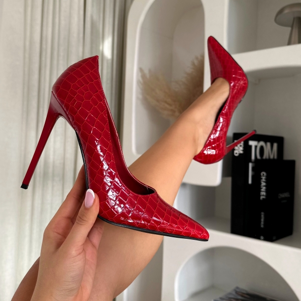 Kamii Red Patent Faux Croc Effect Court Shoes | SIMMI London