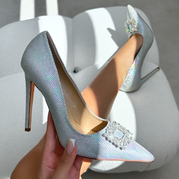 Sparks Silver Shimmer Diamante Court Shoes | SIMMI London