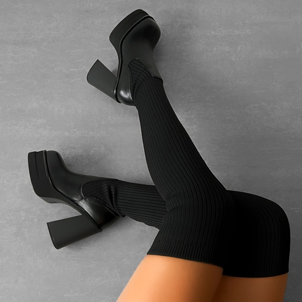 Augusto Black Knit Platform Block Thigh High Boots | SIMMI London