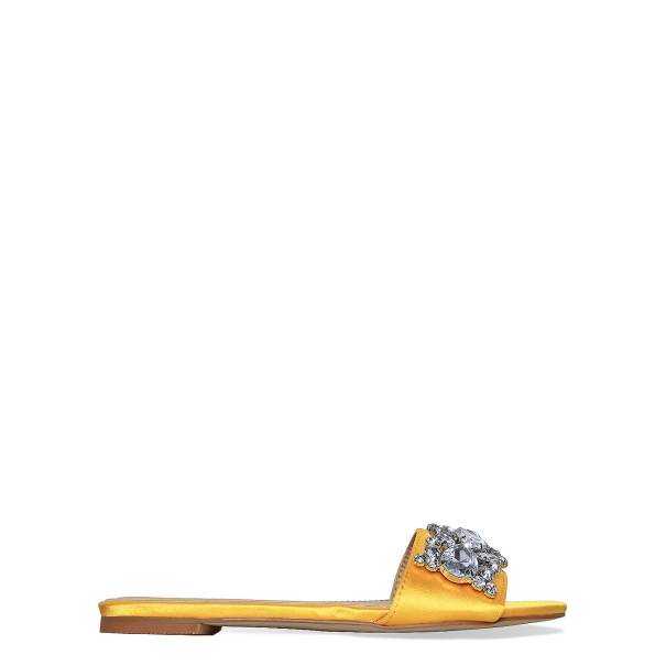 Ciara Yellow Satin Diamante Gem Sliders