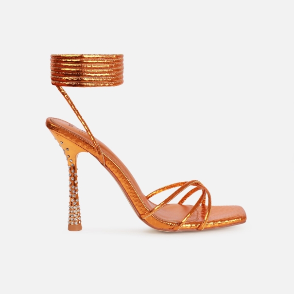 Alenah Orange Faux Snake Print Lace Up Diamante Heels | SIMMI London