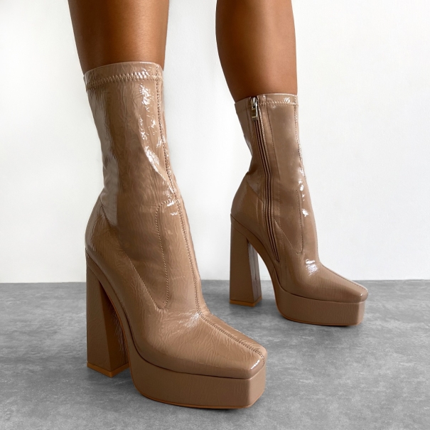Kerera Nude Crinkle Patent Platform Block Ankle Boots | SIMMI London