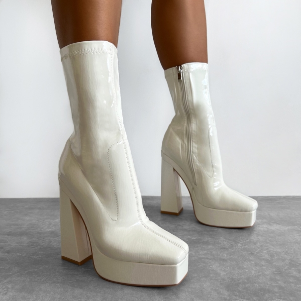 Kerera White Crinkle Patent Platform Block Ankle Boots | SIMMI London