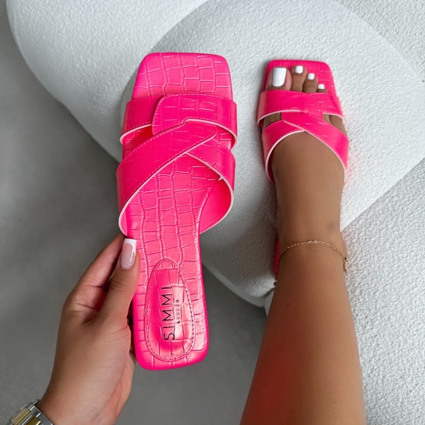 Cherie Hot Pink Faux Croc Print Flat Sandals | SIMMI London