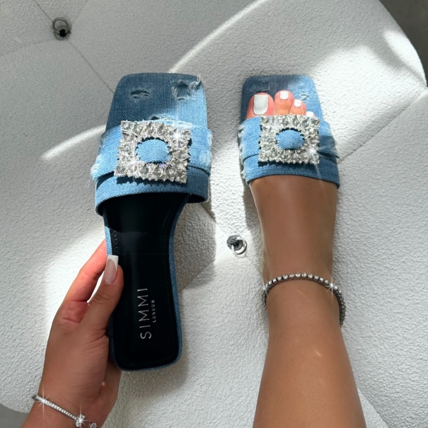 Cyra Blue Denim Diamante Flat Sandals | SIMMI London