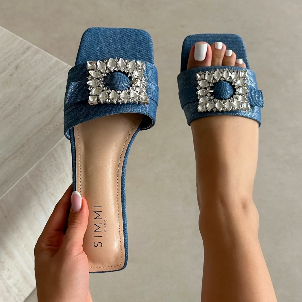 Cyra silver denim diamante flat sandals | SIMMI London