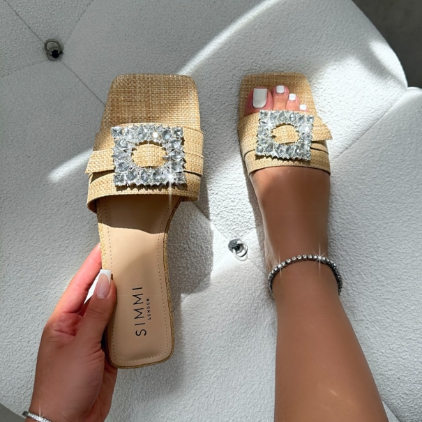 Cyra Beige Raffia Diamante Flat Sandals | SIMMI London