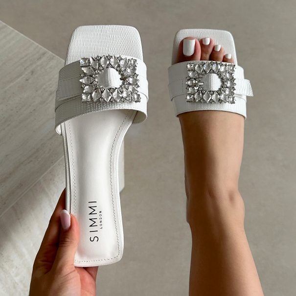 Cyra White Faux Lizard Effect Diamante Flat Sandals | SIMMI London