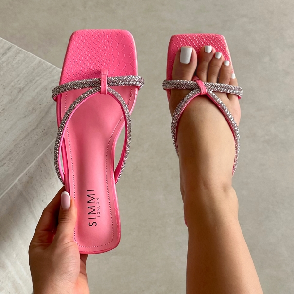 Visha Pink Faux Snake Effect Diamante Flat Sandals | SIMMI London