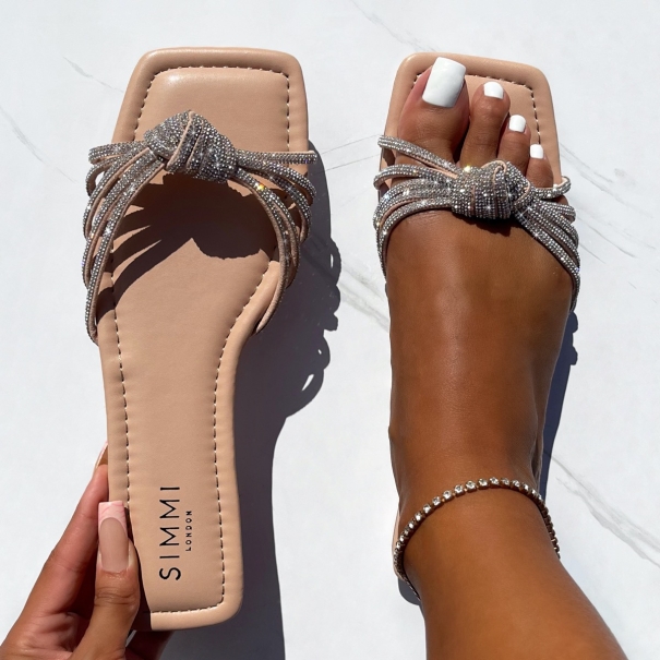 Marquelle Nude Diamante Knot Flat Sandals | SIMMI London