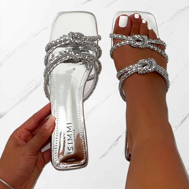 Aliano Silver Patent Diamante Flat Sandals | SIMMI London