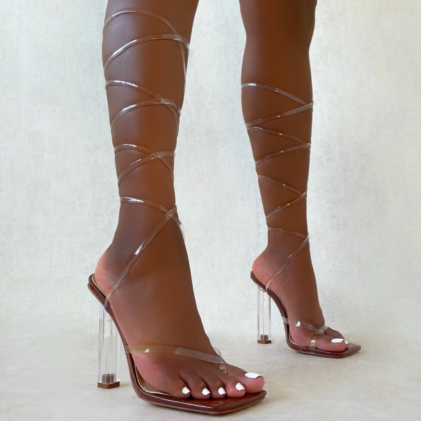 Alicia Clear Brown Patent Toe Thong Lace Up Block Heels | SIMMI London