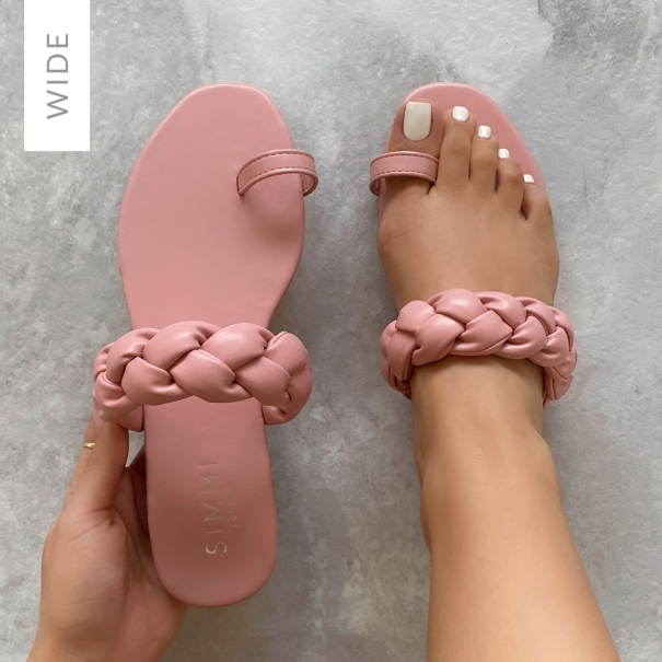 Alita Wide Fit Pink Plaited Strap Toe Loop Sandals | SIMMI London