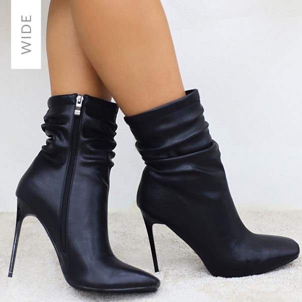 Alivia Wide Fit Black Ruched Stiletto Ankle Boots | SIMMI London