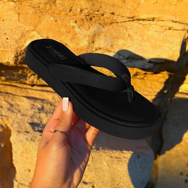 Tasha Ghouri Rowena Black Lycra Toe Thong Flatform Sandals | SIMMI London