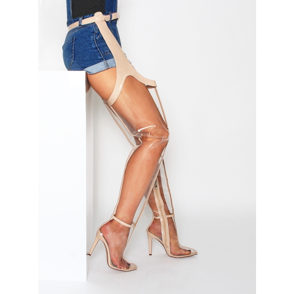 Amalia Clear Nude Belt Thigh High Boots