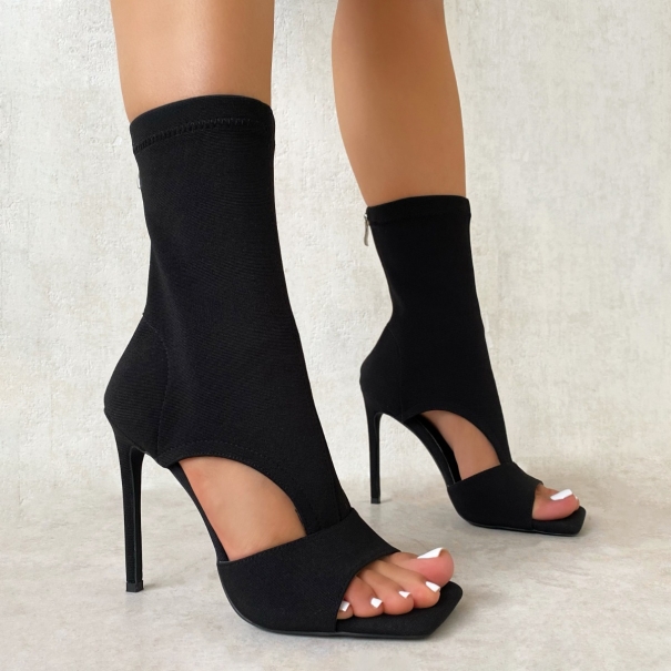 SIMMI Shoes / Amanda Black Lycra Cut Out Peep Toe Heeled Boots