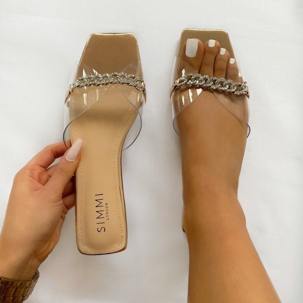 Ambrose Rose Gold Mirror Clear Diamante Chain Sandals | SIMMI London
