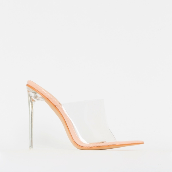 Amerie Nude Patent Python Print Clear Mule Heels