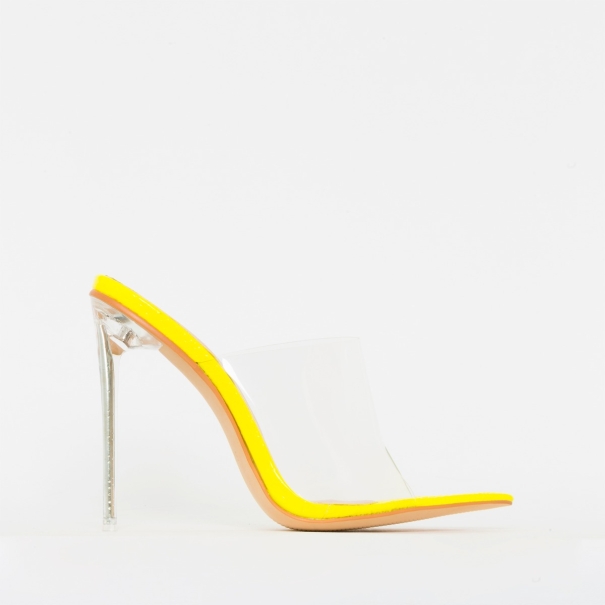 Amerie Yellow Patent Python Print Clear Mule Heels
