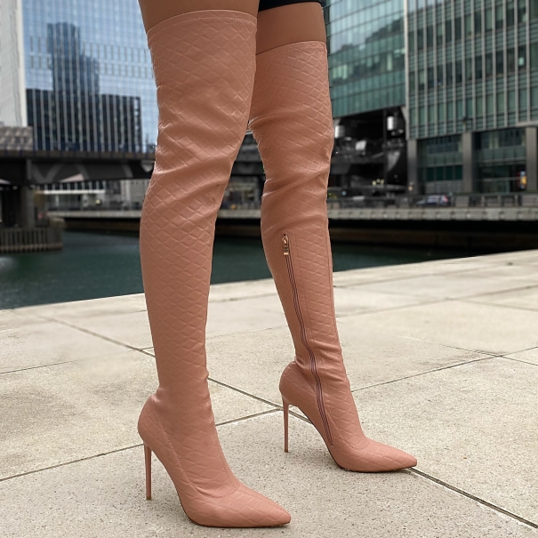 SIMMI Shoes / Amrezy Empire Nude Quilted Stiletto Thigh High Boots