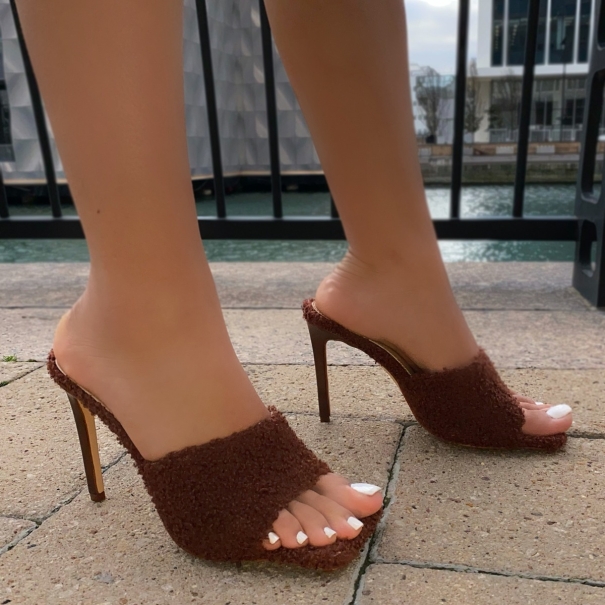 Amrezy Teddy Brown Faux Shearling Stiletto Mules | SIMMI London