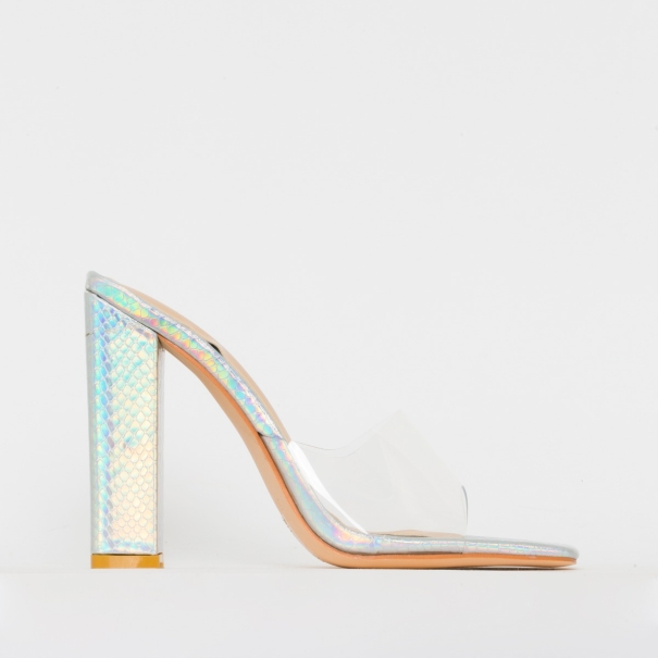 SIMMI SHOES / ALORA SILVER IRIDESCENT SNAKE CLEAR BLOCK HEEL MULES