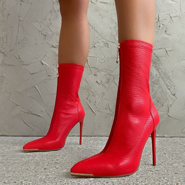 SIMMI Shoes / Adela Red Textured Zip Front Stiletto Ankle Boots
