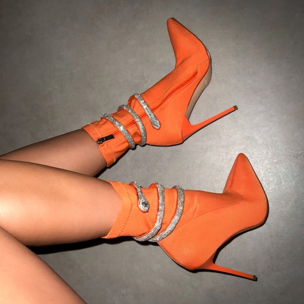 Caspian Orange Lycra Diamante Wrap Ankle Boots | SIMMI London