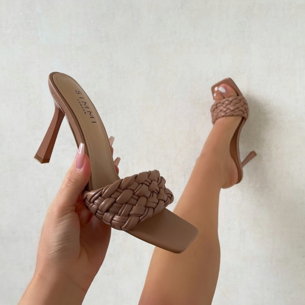 SIMMI Shoes / Ariane Nude Woven Strap Stiletto Mules