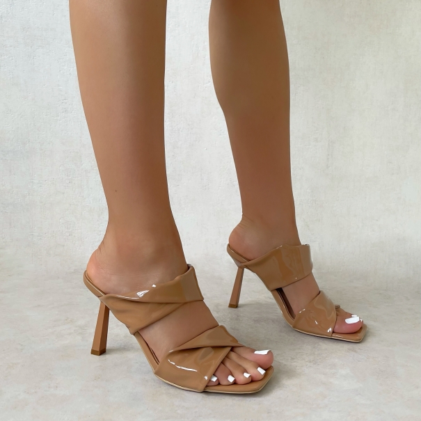 SIMMI Shoes / Ariella Nude Patent Twist Two Part Strap Stiletto Mules