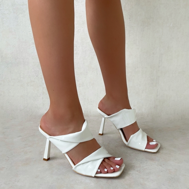 SIMMI Shoes / Ariella White Patent Twist Two Part Strap Stiletto Mules