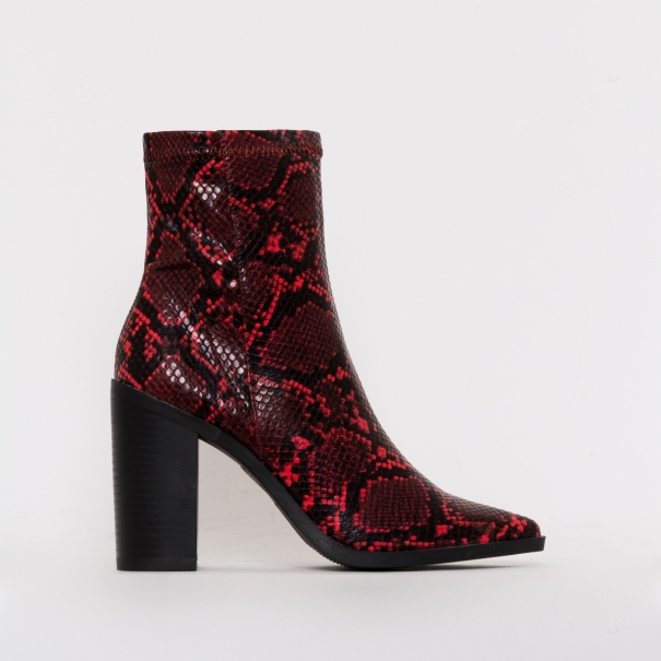 Ariva Red Snake Print Block Heel Ankle Boots