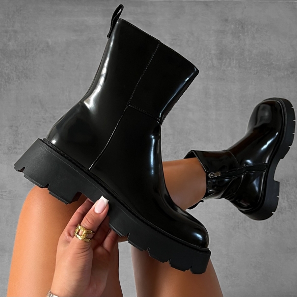 Austin Black Flat Chunky Ankle Boots | SIMMI London