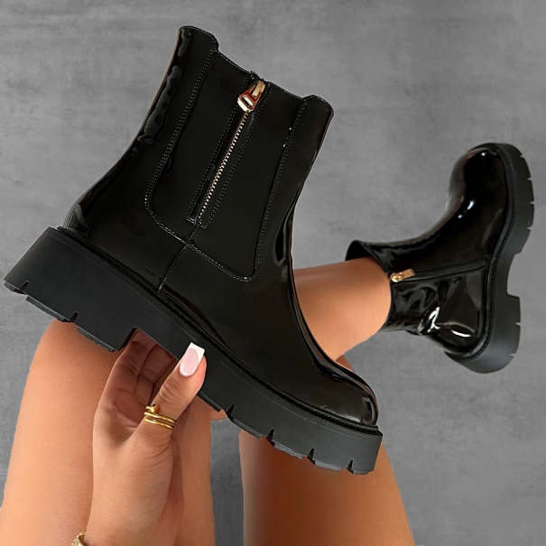 Clive Black Patent Chunky Ankle Boots | SIMMI London