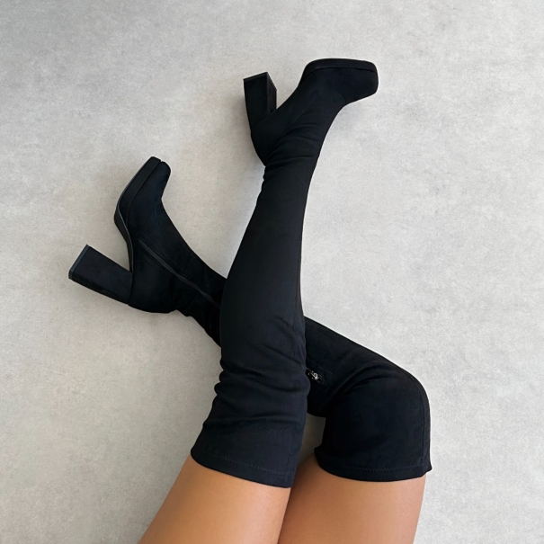 Aviva Black Microfiber Platform Block Heel Thigh High Boots | SIMMI London