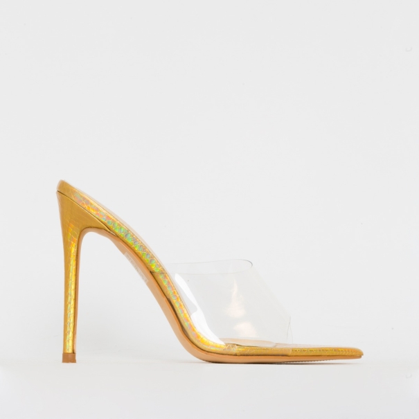 SIMMI SHOES / AYLA CLEAR GOLD IRIDESCENT SNAKE PRINT STILETTO MULES