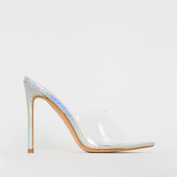 SIMMI SHOES / AYLA CLEAR SILVER IRIDESCENT SNAKE PRINT STILETTO MULES