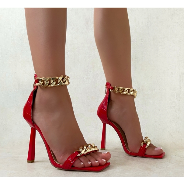 SIMMI Shoes / Aziel Red Faux Croc Print Gold Chain Heels
