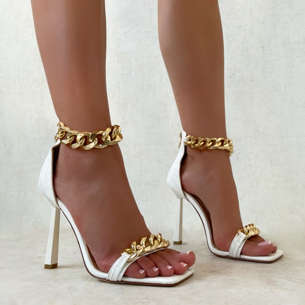SIMMI Shoes / Aziel White Faux Croc Print Gold Chain Heels