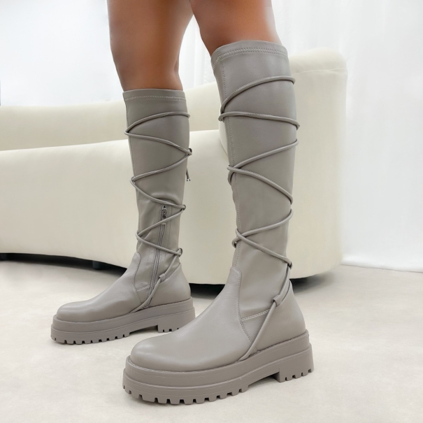 Banks Taupe Grey Tie Detail Chunky Knee High Boots | SIMMI London