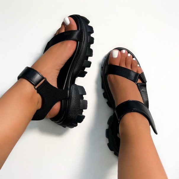 Blaze Black Velcro Strap Flatform Sandals | SIMMI London