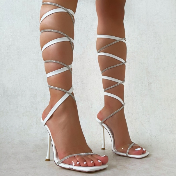 Bay Clear White Diamante Lace Up Heels | SIMMI London