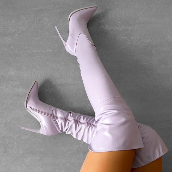 Brandyn Purple Pointed Stiletto Thigh High Boots | SIMMI London