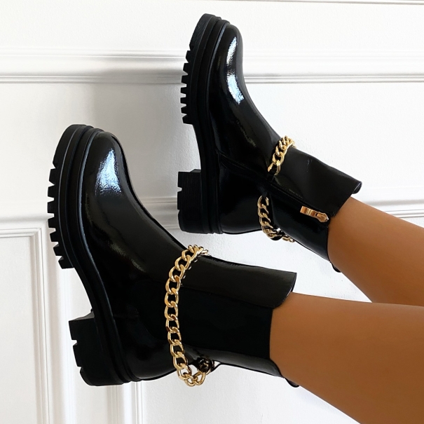 SIMMI SHOES / Blakely Black Patent Chain Detail Ankle Boots