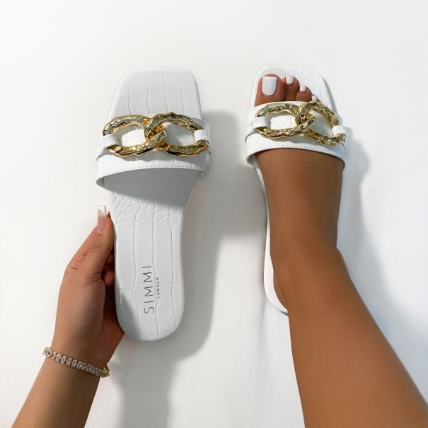 Blige White Faux Croc Print Chain Detail Sandals | SIMMI London