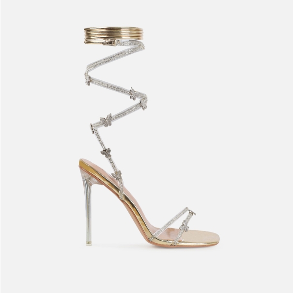 Britta Gold Mirror Butterfly Lace Up Clear Stiletto Heels | SIMMI London