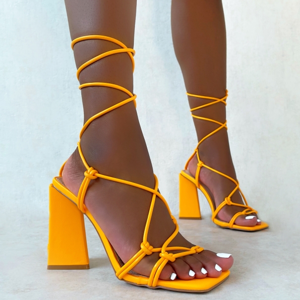 Bubblegum Tangerine Orange Lace Up Sculptured Block Heels | SIMMI London