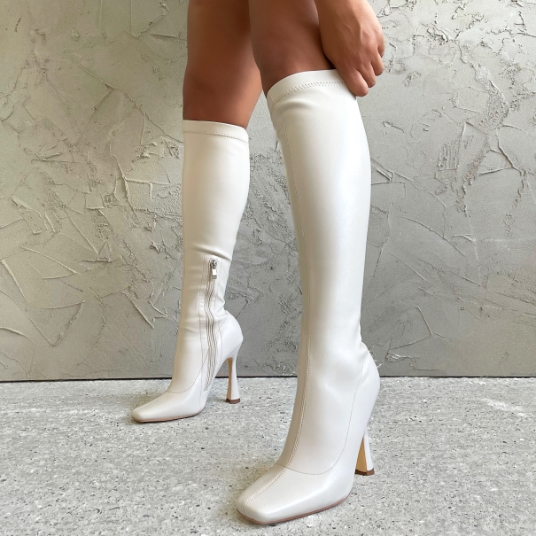 SIMMI Shoes / Knox Beige Square Toe Stiletto Knee High Boots