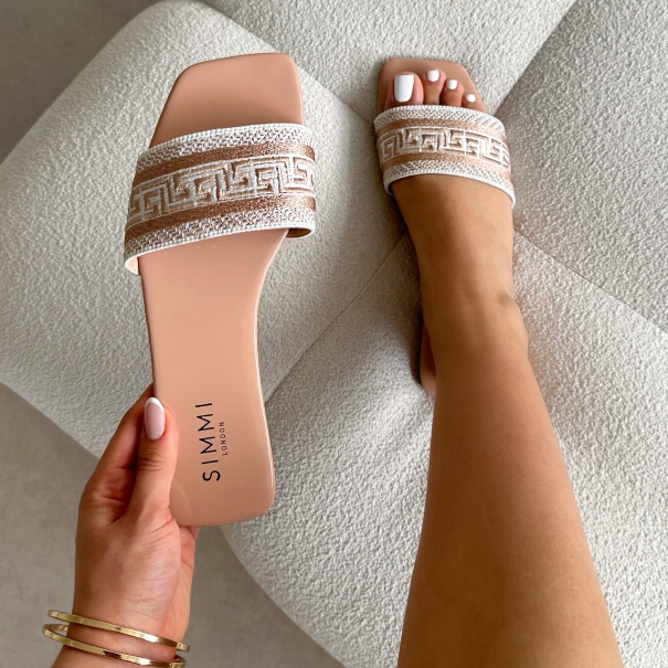 Cali nude patent embroidered slide sandals | SIMMI London
